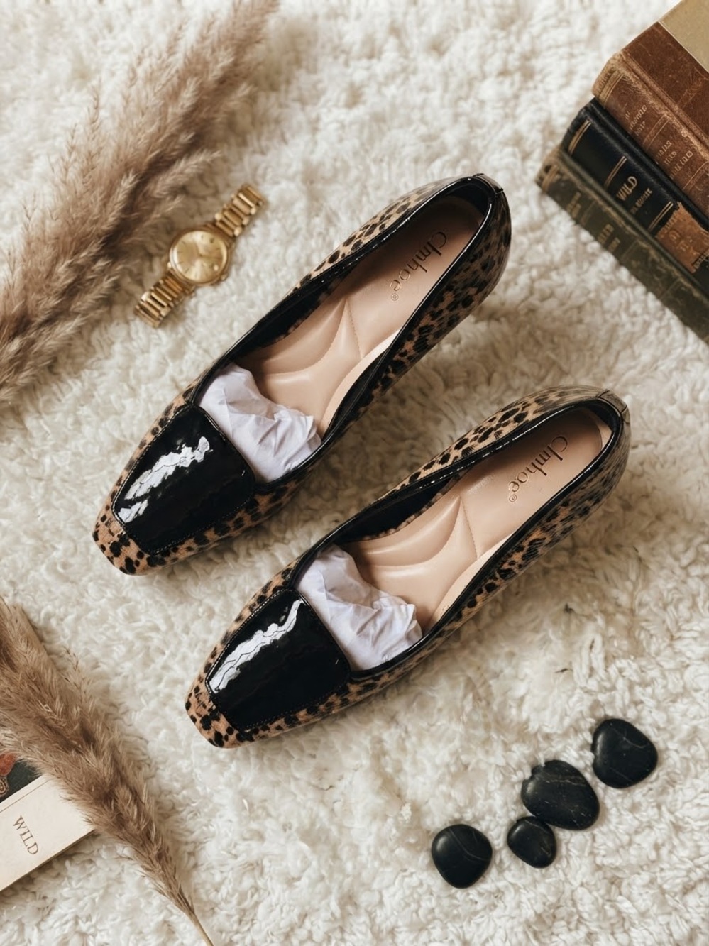 Leopard Print Patent Block Heel Pumps in Brown and Black